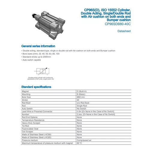 SMC Standard ISO Air Cylinder 80 mm Bore 40 mm Stroke CP96SDB80-40C