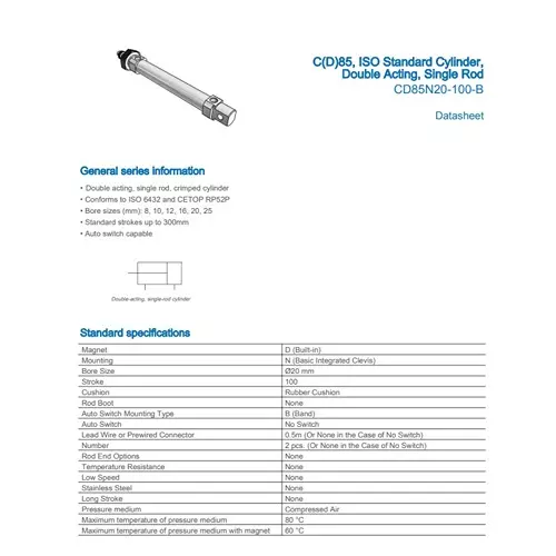 SMC Standard ISO Air Cylinder 20 mm Bore 100 mm Stroke CD85N20-100-B