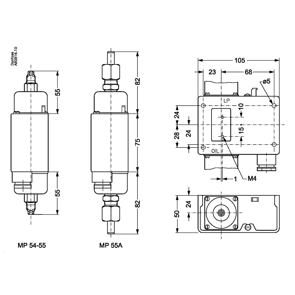 Danfoss G Type Differential Pressure Switch 9.5 mm (3/8 Inch) Size 0.3-4.5 bar Range, MP55A