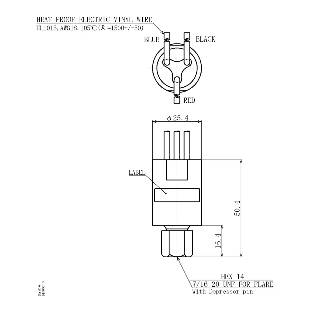 Danfoss Cartridge Pressure Switch Flare Connection SPDT Contact 19 to 23 bar, 061F9056