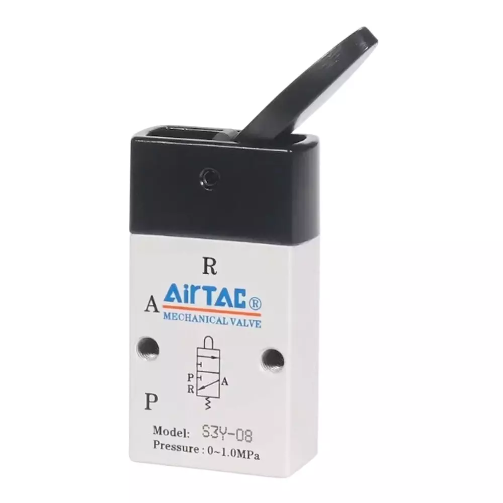 Airtac S3 Series Rocking Lever Control with Lock Control Valve 3/2 Way External Control Direct Acting Type 1/4 inch (6.35 mm) Port Size and Aluminium Alloy Body, S3Y08