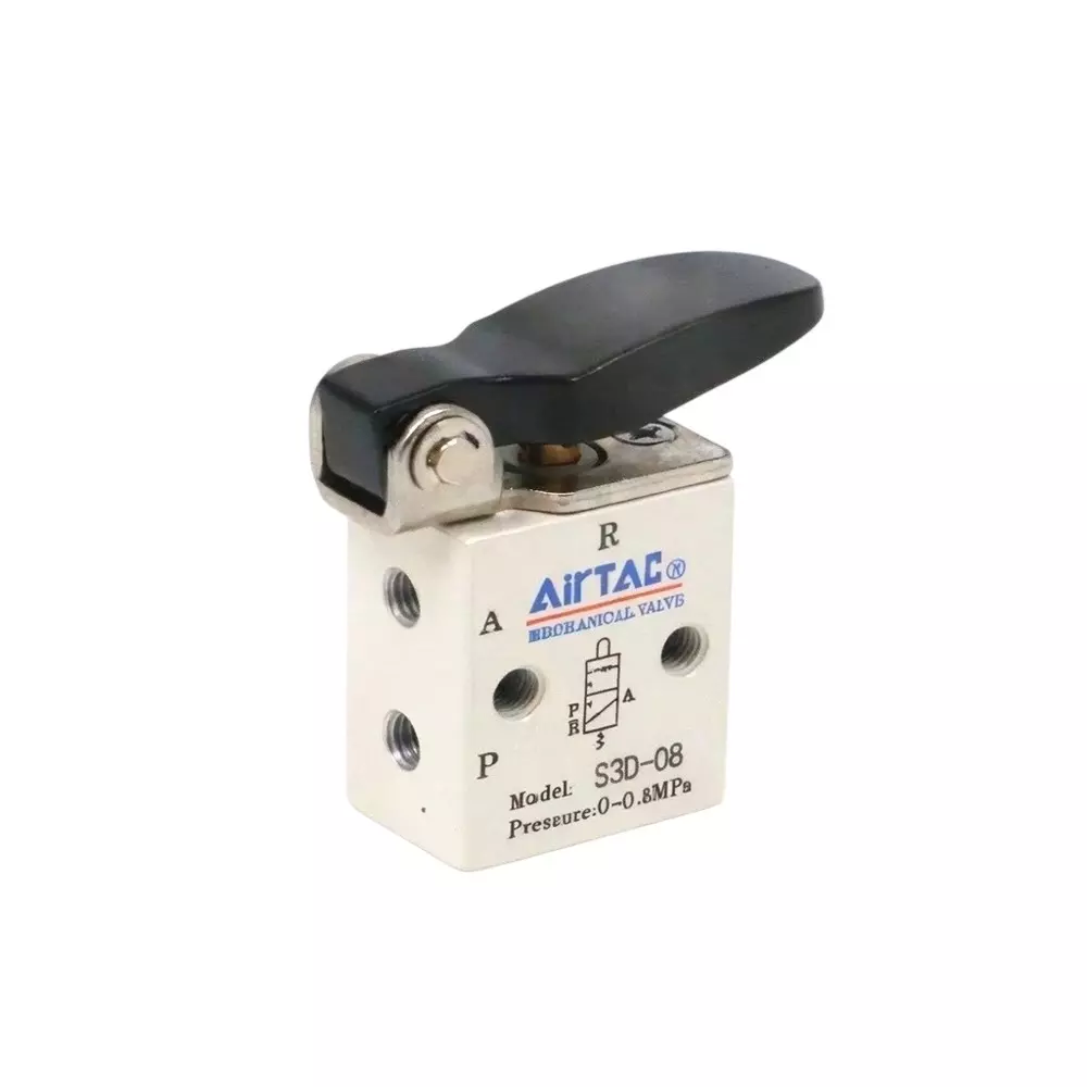 Airtac S3 Series Short Lever Push Control Valve 3/2 Way External Control Direct Acting Type 1/4 inch (6.35 mm) Port Size and Aluminium Alloy Body, S3D08