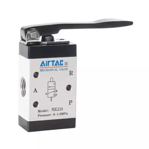 Airtac M3200 Series Long Lever Push Control Valve 3/2 Way External Control Direct Acting Type 1/4 inch (6.35 mm) Port Size and Aluminium Alloy Body, M3C210