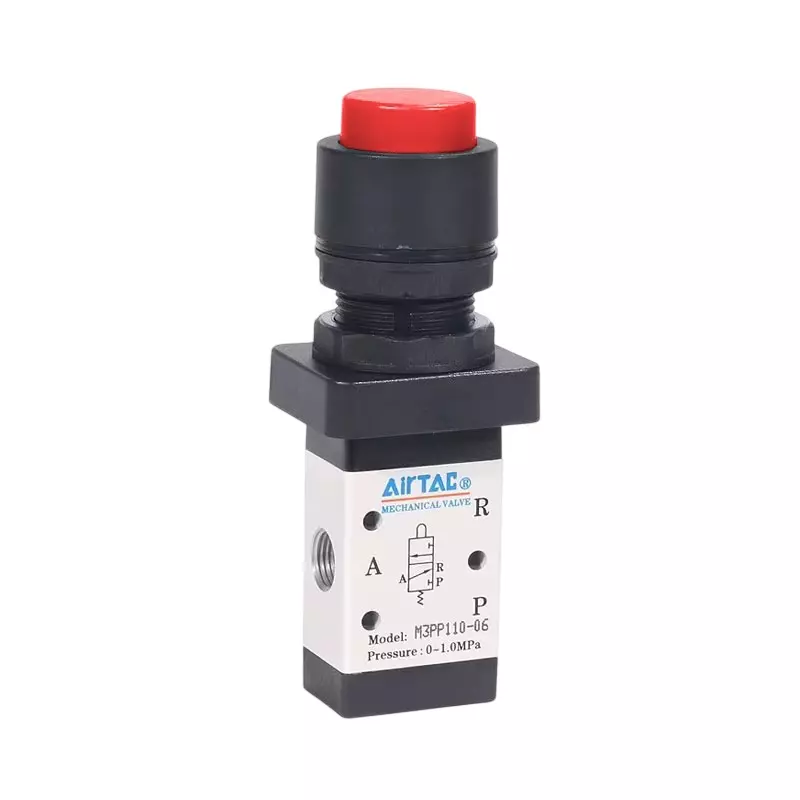Airtac M3100 Series Protruding Button Control Valve 3/2 Way External Control Direct Acting Type 1/8 inch (3.17 mm) Port Size and Aluminium Alloy Body, M3PP110