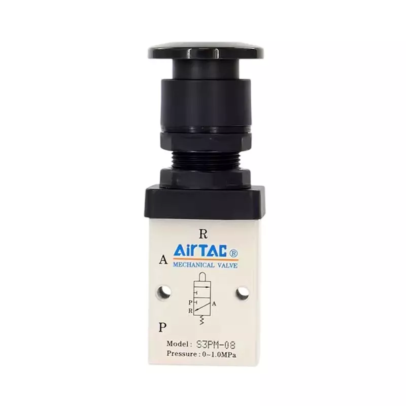 Airtac S3 Series Mushroom Button Control Valve 3/2 Way External Control Direct Acting Type 1/4 inch (6.35 mm) Port Size and Aluminium Alloy Body, S3PM08