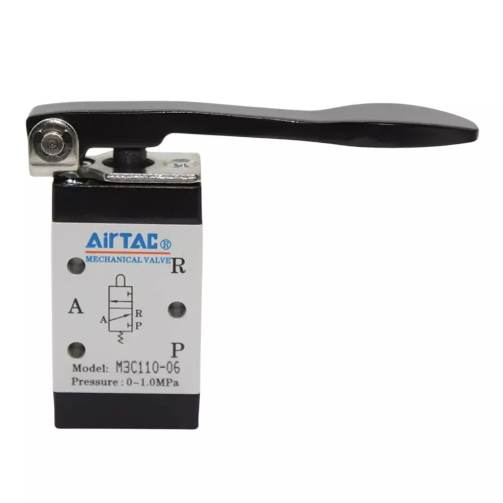 Airtac M3100 Series Long Lever Push Control Valve 3/2 Way External Control Direct Acting Type 1/8 inch (3.17 mm) Port Size and Aluminium Alloy Body, M3C110
