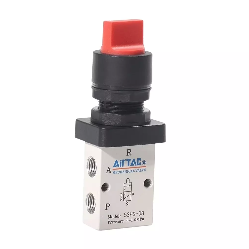 Airtac S3 Series Knob Control with Lock Control Valve 3/2 Way External Control Direct Acting Type 1/4 inch (6.35 mm) Port Size and Aluminium Alloy Body, S3HS08