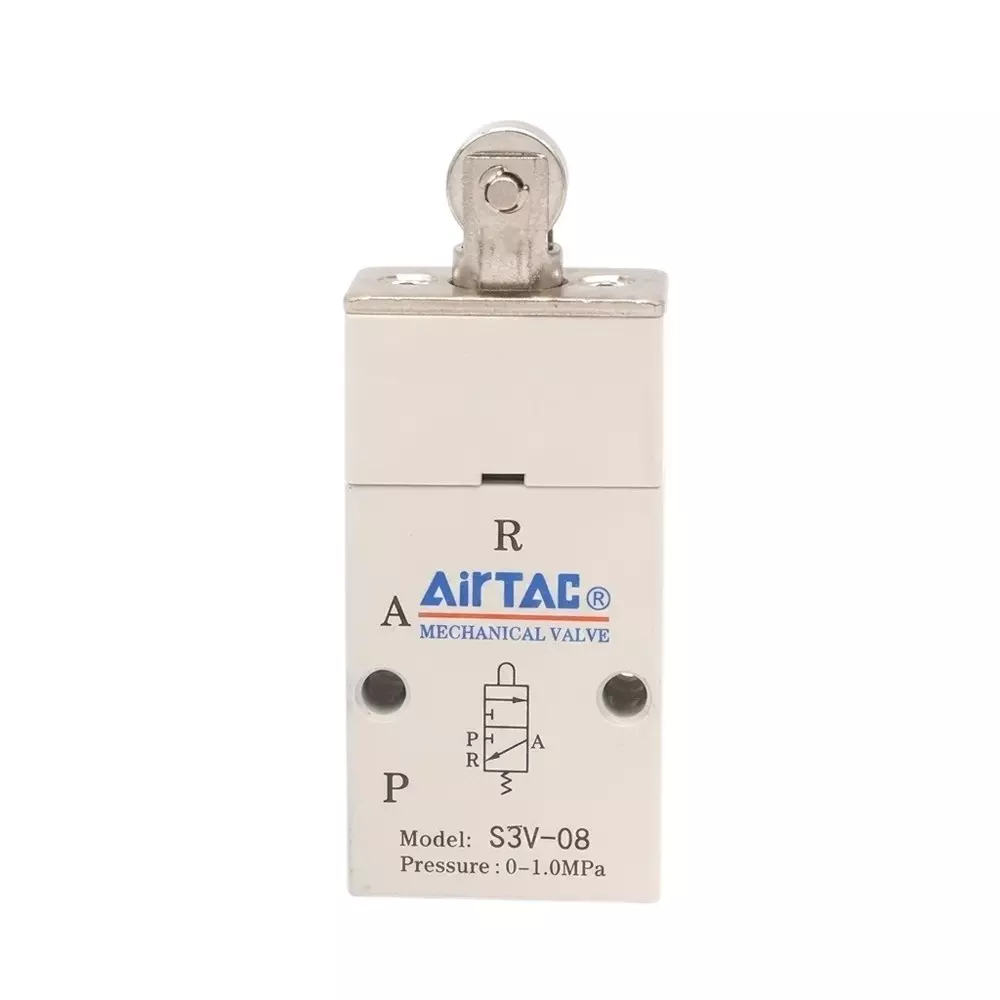 Airtac S3 Series Direct Push Roller Control Valve 3/2 Way External Control Direct Acting Type 1/4 inch (6.35 mm) Port Size and Aluminium Alloy Body, S3V08