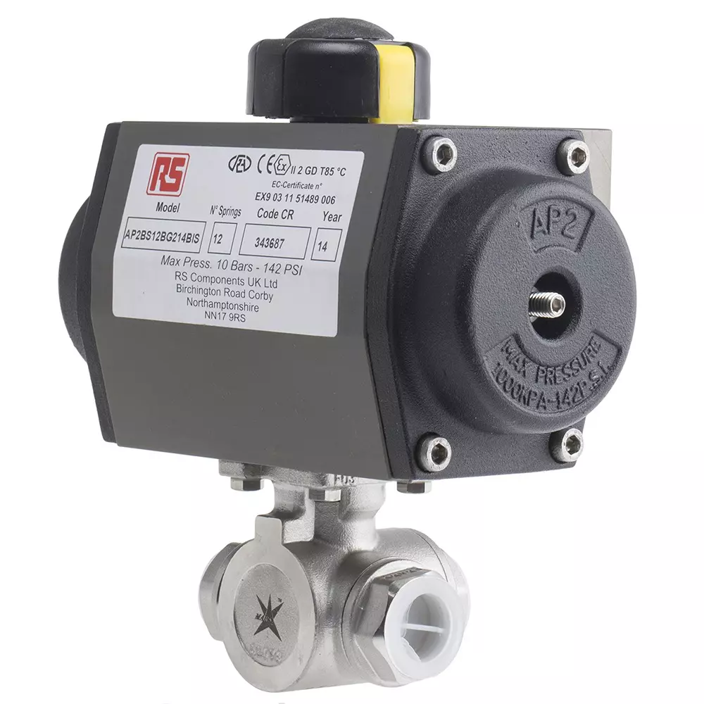 RS PRO Pneumatic Actuated Valve 1000 psi Max Pressure 3 Way Ball Valve 316 Stainless Steel 1/2 Inch, 7998777