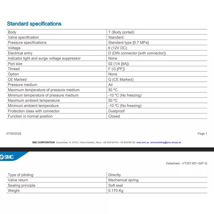 SMC 2 Position Single Pneumatic Solenoid Valve/Air G 1/4 VT307 Series 12 V DC, VT307-6D1-02F-Q