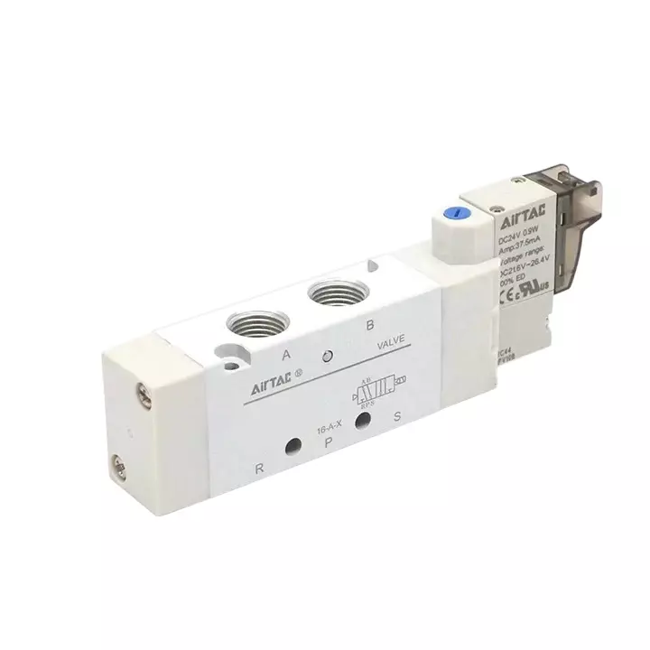 Airtac 6V Series 5/3 Way Double Acting Solenoid Valve Ø 10 mm Port Size 0.5 m Line Length, 6V230-J10