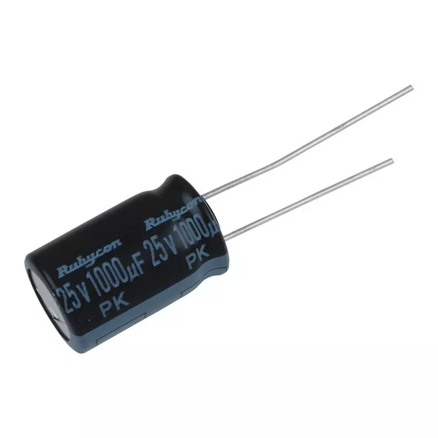RUBYCON Aluminum Electrolytic Capacitor, 1000Uf, 25V, 20%, Radial, 25PK1000MEFC10X16