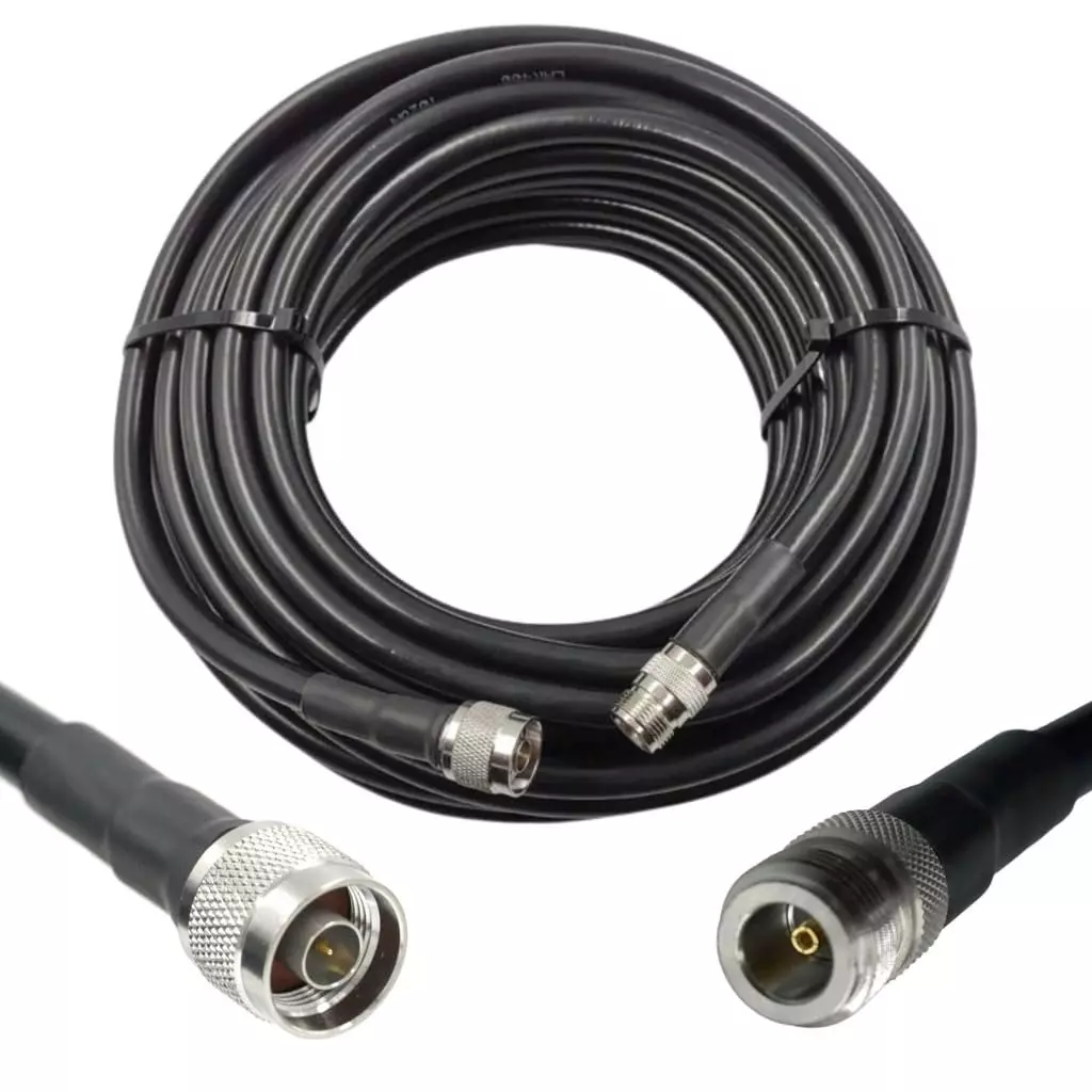 NBR RG-58 N Male to N Female Ultra Low Loss Coaxial Cable PVC Jacket Tinned Copper Conductor 50 Ω Impedance 10 m, Black