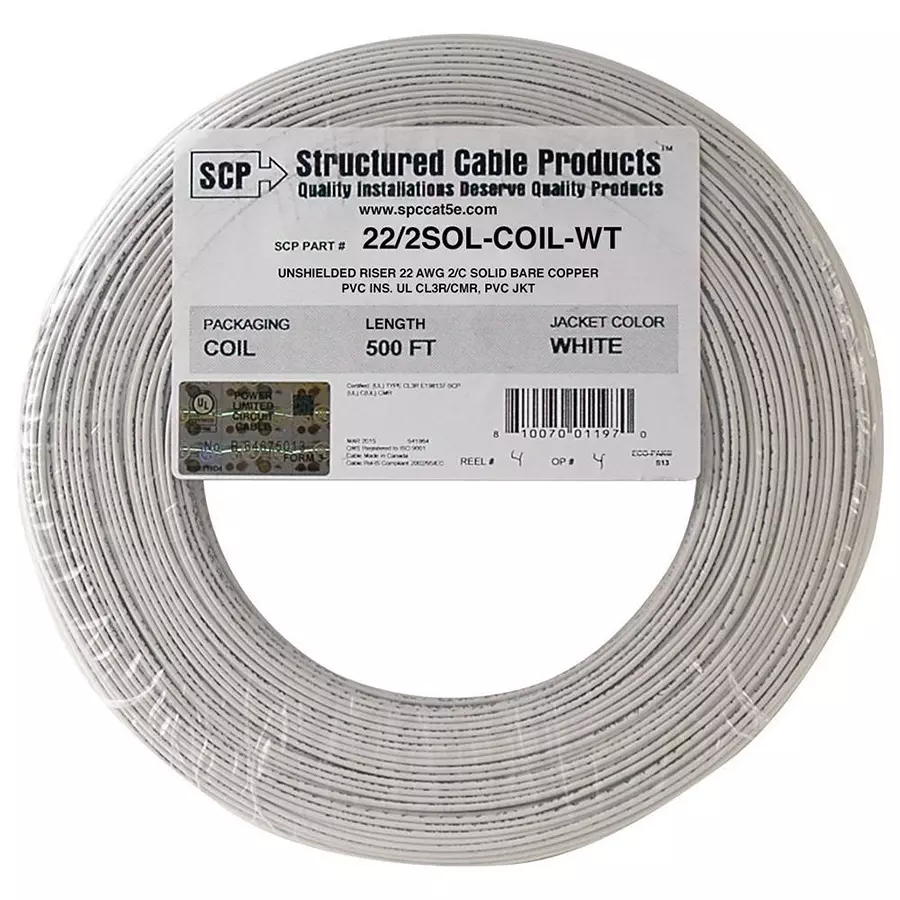 STRUCTURED CABLE Cable Shielding:Unshielded, 22/2SOL-COIL-WT