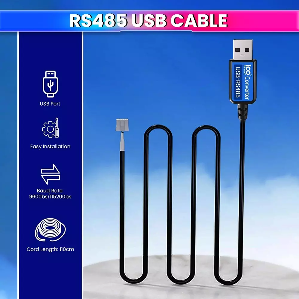 100 BALANCE RS485 to USB Cable 9600 bps/115200 bs Baud Rate for DALY BMS with 110 cm Cord Length