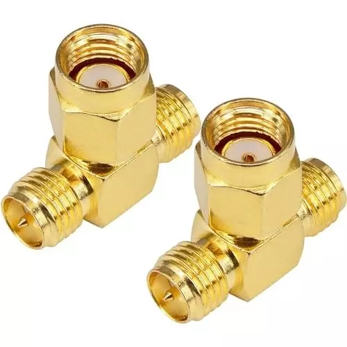 NETBOON T Type 3 Way Splitter Coaxial Connector RP-SMA Male to Dual RP-SMA Female 50 Ohm Nickel Plated Brass, RP-SMA-M-DUAL-RP-SMA-F-ADP-2 (Pack of 2)