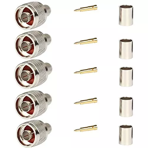 Oxywave Crimp Cable Connector N Male Nickel Plated Brass Body for LMR400, HLF400, RG214, RG8 RF Coaxial Cable, N-MALEC (Pack of 5)
