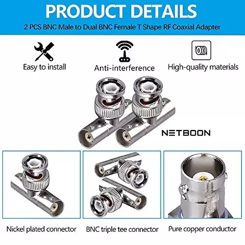 netboon-t-shape-3-way-splitter-coaxial-connector-bnc-male-to-dual-bnc-female-nickel-plated-brass-50-ohm-for-rf-communication-bnc-m-dual-f-adp-3-pack-of-3