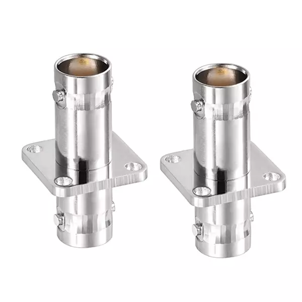 NETBOON RF Panel Mount Adapter with BNC Female to BNC Female 4-Hole Flange Straight Type Nickel-Plated Brass Chrome, BNC-F-BNC-F-4-H-ADP-2 (Pack of 2)