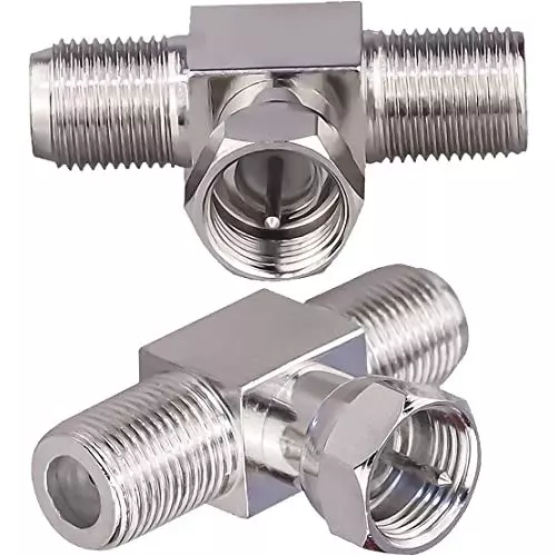 NETBOON T Shape 3 Way Coaxial Connector F Type Male to Dual Female Nickel-Plated Brass 50 Ohm for RF Communication, F-M-F-F-T-ADP-3P (Pack of 3)