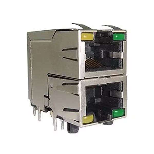AMPHENOL COMMUNICATIONS SOLUTIONS RJ45 CONN, R/A JACK, 8P8C, 2PORT, TH, RJSAE-5085-02