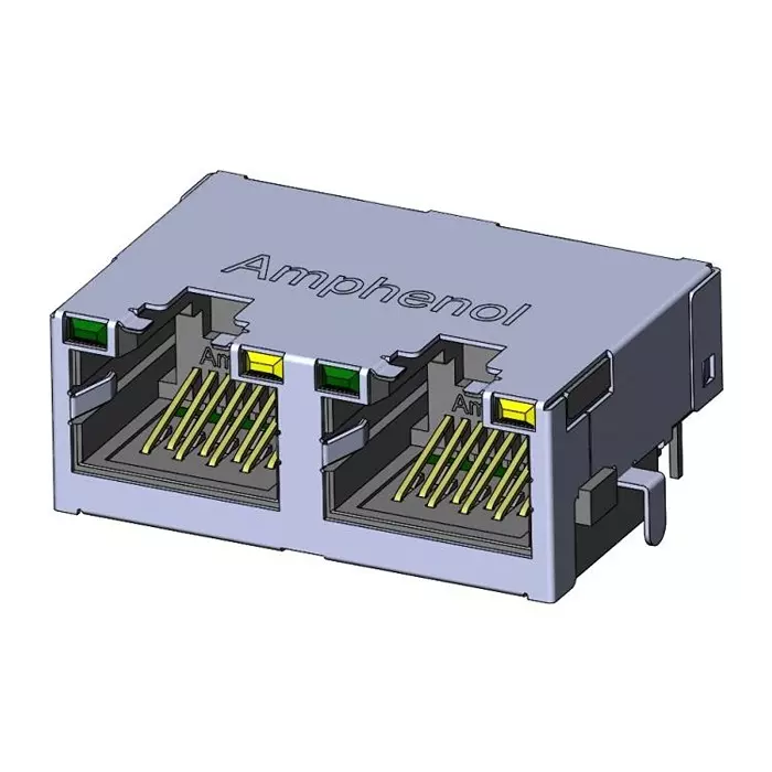 AMPHENOL COMMUNICATIONS SOLUTIONS RJ45 CONN, R/A JACK, 8P8C, 2GANGED, TH, RJE722886412.