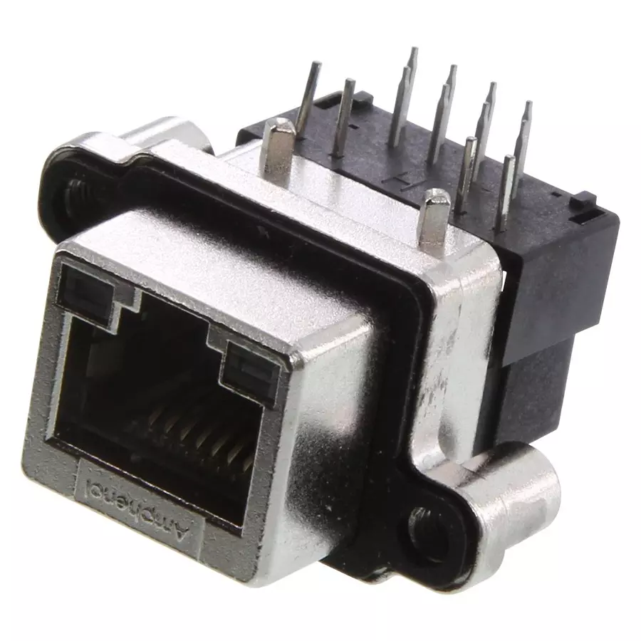 AMPHENOL COMMUNICATIONS SOLUTIONS RUGGED RJ45 JACK, R/A, 8P8C, 1PORT, TH, MRJ5381P1