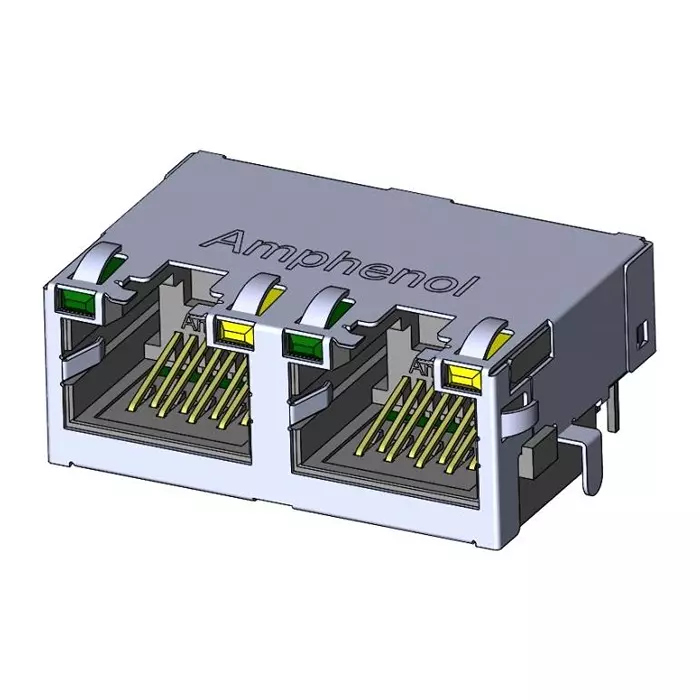 AMPHENOL COMMUNICATIONS SOLUTIONS RJ45 CONN, R/A JACK, 8P8C, 2GANGED, TH, RJE722881412.