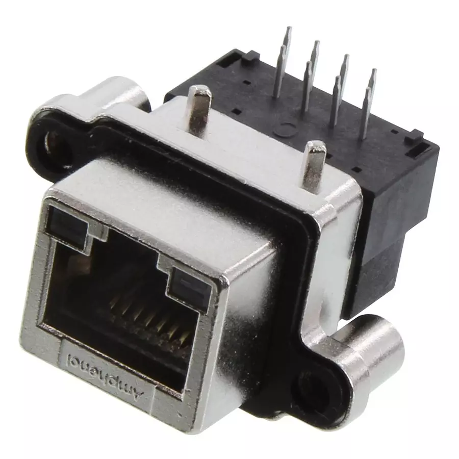 AMPHENOL COMMUNICATIONS SOLUTIONS RUGGED RJ45 JACK, R/A, 8P8C, 1PORT, TH, MRJ5380P1