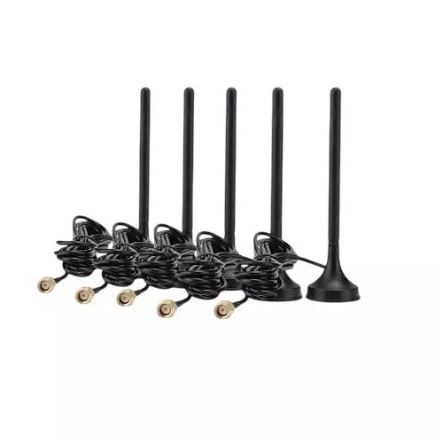 NBR Rubber Duck Whip Sucker Antenna 6 dBi Gain with Magnetic Stand Base & 2 m RG-174 SMA Male Extension Cable, Black (Pack of 5 Pcs)
