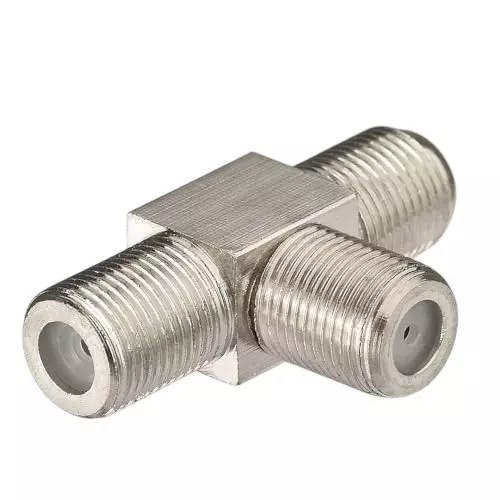 NBR T-Shape 3-Way F-Female to Double F-Female Coaxial Connector Splitter 75 Ω Impedance, Silver