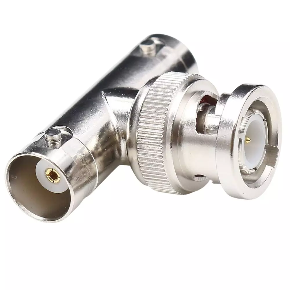 NBR Triple Tee Connector Brass & Nickel Plated 50 Ω Impedance with BNC Male to Dual BNC Female Connector