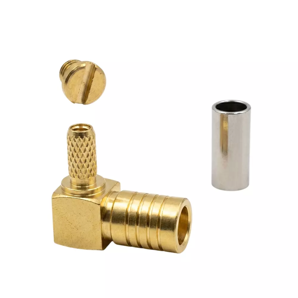 Setmi India SMB Female Crimp Connector Right Angle PCB Mount Metal Body in Golden Color