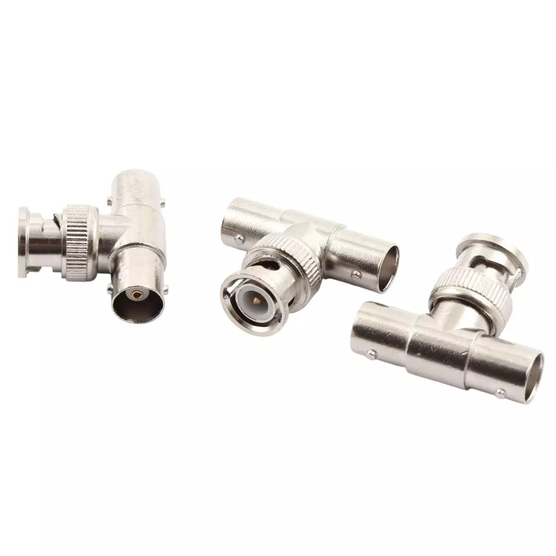 NBR BNC Male to Dual BNC Female Triple Tee Connector 3-Way Copper and Zinc Alloy, Silver (Pack of 3 Pcs)
