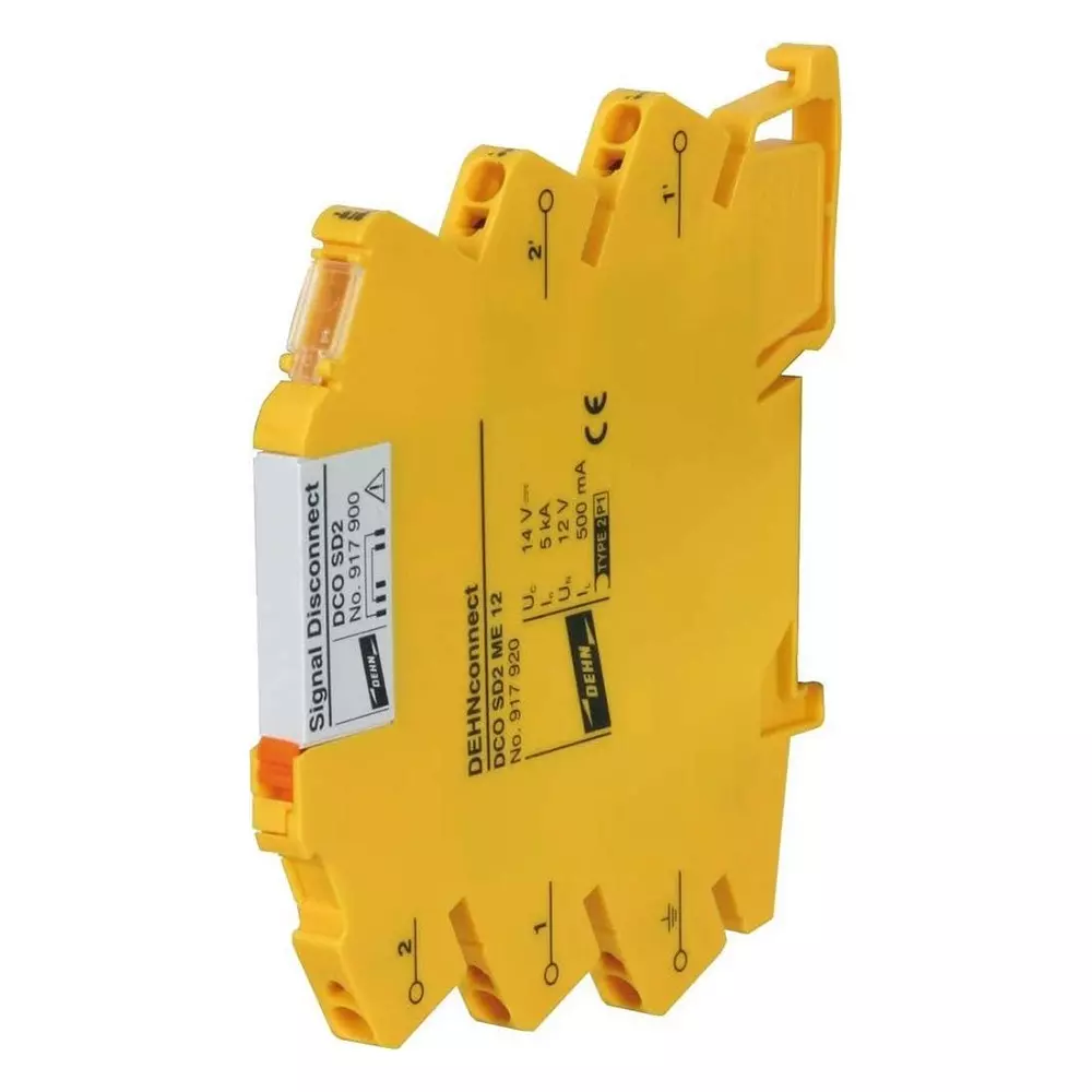DEHN Surge Arrester Terminal Block Yellow 2 Pole 12 V Nominal Voltage 0.5 A Nominal Current, DCO SD2 ME 12