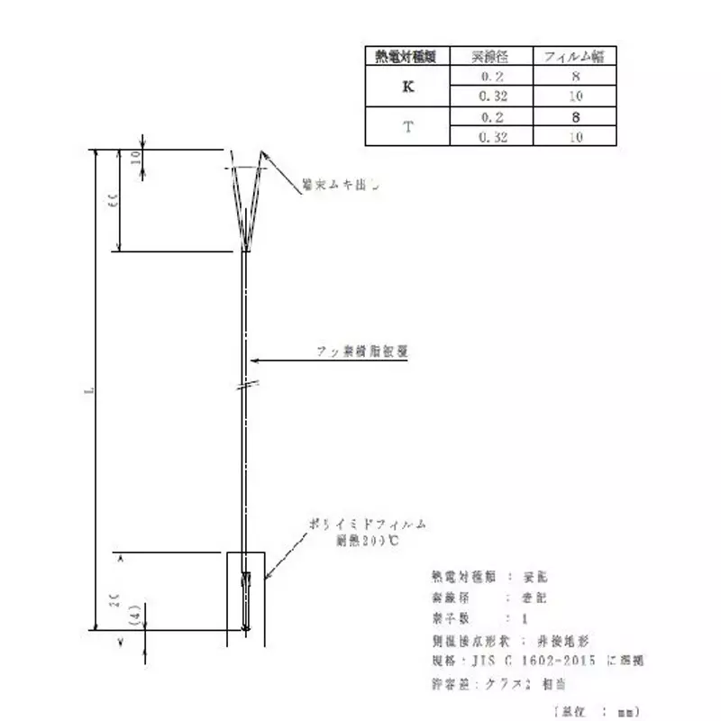 Hayashi Denko K Type Insulated Thermocouple Fluorine Resin Φ0.32 mm Wire Dia Class 2, TC-K-F-0.32-C2-9-PF-P
