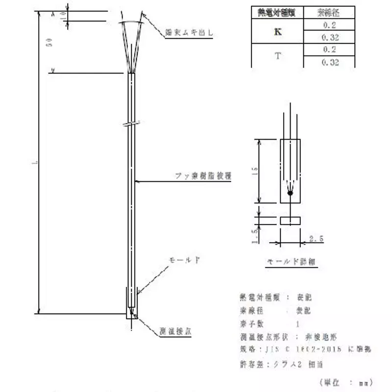 Hayashi Denko K Type Insulated Thermocouple Fluorine Resin Φ0.32 mm Wire Dia Class 2, TC-K-F-0.32-C2-67-M-P