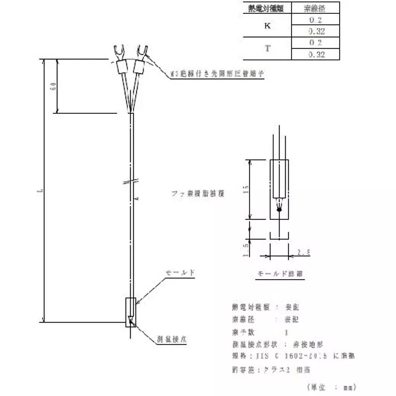 Hayashi Denko K Type Insulated Thermocouple Fluorine Resin Φ0.2 mm Wire Dia Class 2, TC-K-F-0.2-C2-5-M-M3F