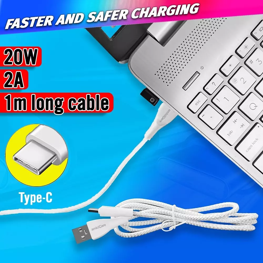 Amicicare USB Type-C Cable Fast Charging Braided 20 W/2 A 1 m Long White for Smartphone, CABLE-WHITE-20W