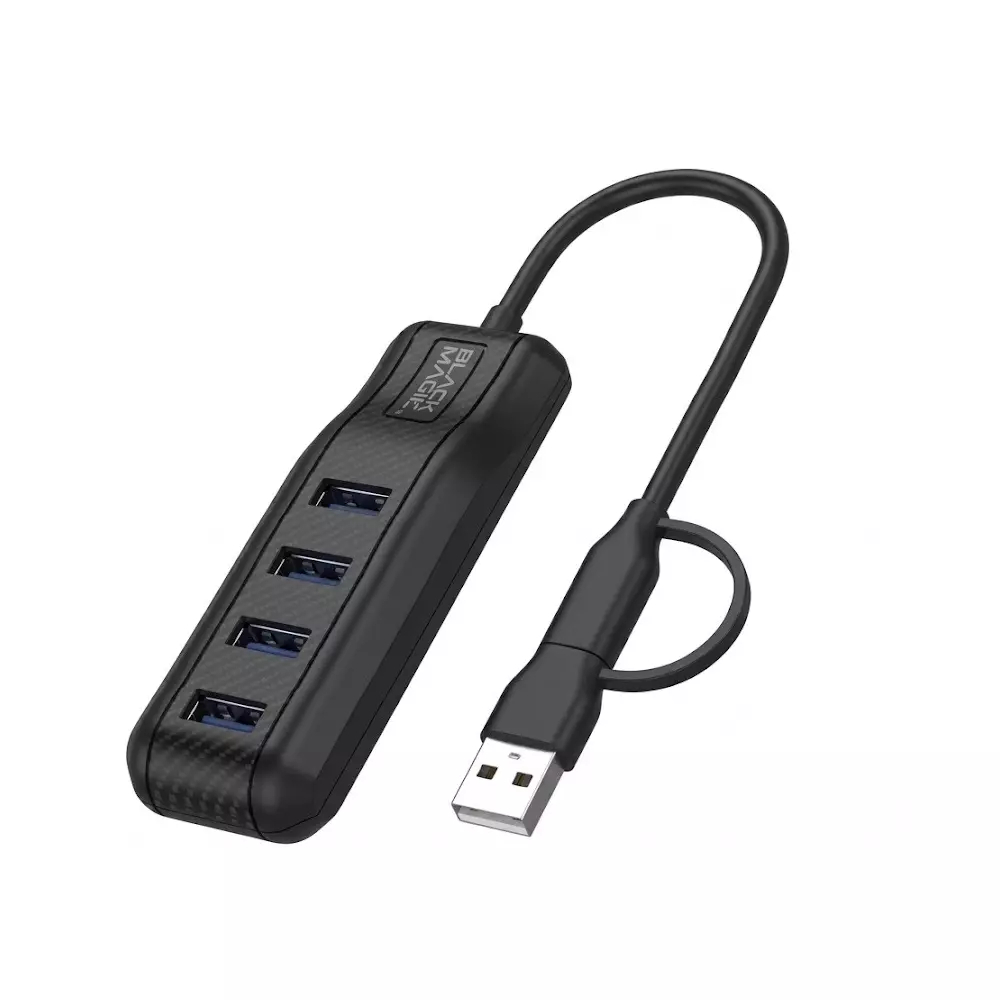 Black Magik Gaming USB 3.0 & USB-C To 4 Port USB Hub 6 inch (0.5 ft) Length, BM-UC34H