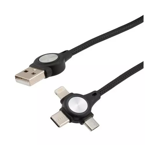 L-COM Usb Cable, 2.0 Type A Plug-Lightnin/Plug, CAU2A-3IN1C-1FT