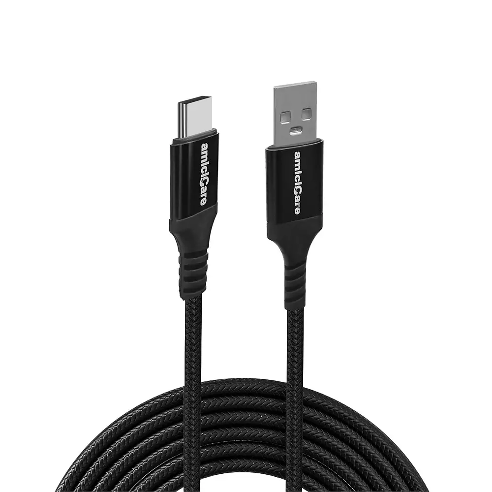 Amicicare USB Type-C Cable Fast Charging Braided 65 W/5 A 1 m Long Black for Smartphone, CABLE-Black-65W-METAL