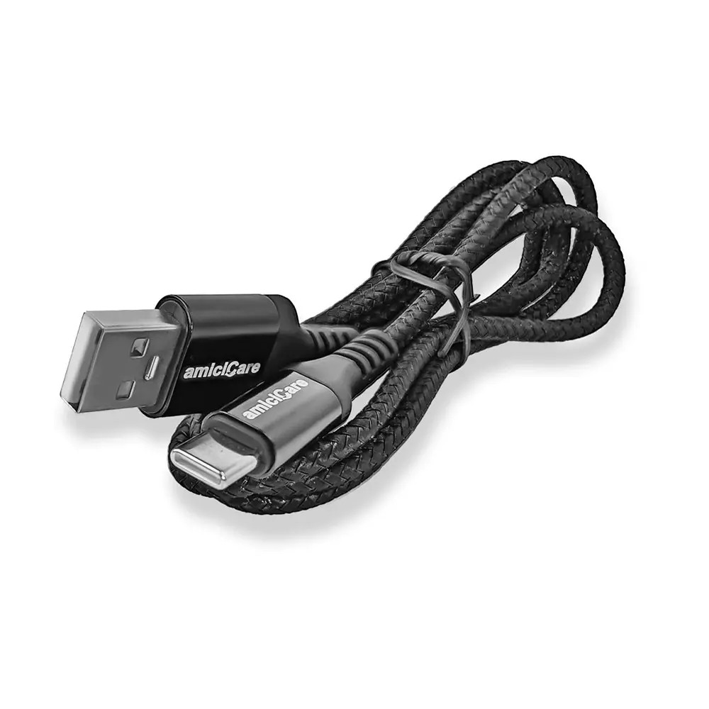 Amicicare USB Type-C Cable Fast Charging Braided 65 W/5 A 1 m Long Black for Smartphone, CABLE-Black-65W-METAL