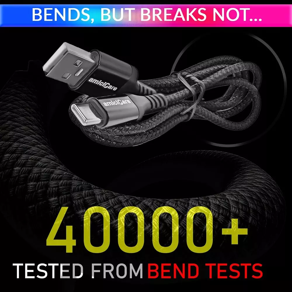Amicicare USB Type-C Cable Fast Charging Braided 65 W/5 A 1 m Long Black for Smartphone, CABLE-Black-65W-METAL