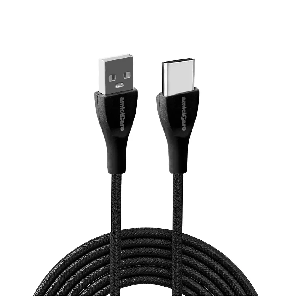 Amicicare USB Type-C Cable Fast Charging Braided 20 W/2 A 1 m Long Black for Smartphone, CABLE-BLACK-20W