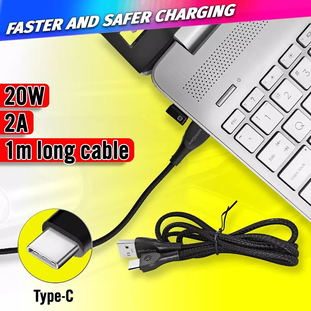 Amicicare USB Type-C Cable Fast Charging Braided 20 W/2 A 1 m Long Black for Smartphone, CABLE-BLACK-20W