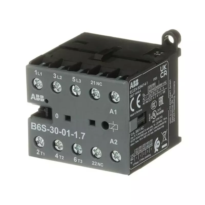 ABB B6S-30-01-1.7-71 B6S Contactor, 24 V DC Coil, 3-Pole, 20 A, 4 kW, 3NO, 690 V AC, GJL1213001R7011