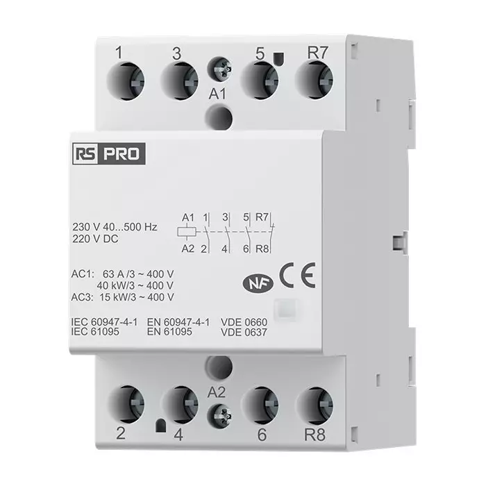 RS PRO Installation Contactor 4 Pole 220/230 V AC/DC Coil Voltage 63 Amp Contact Current, 2842345