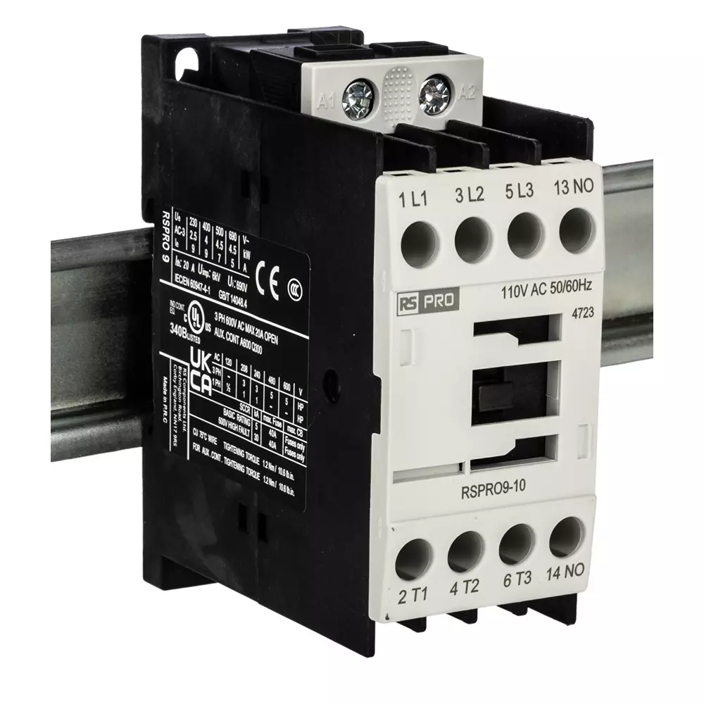 RS PRO Contactor 3 Pole 110 V AC Coil Voltage 9 Amp Contact Current, 2508785