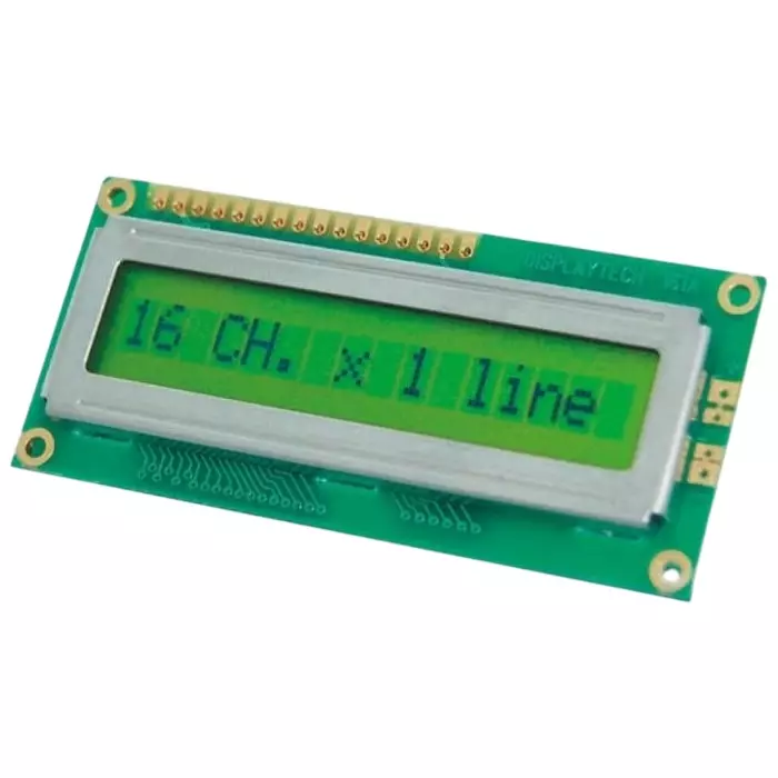 Displaytech Alphanumeric LCD Display Yellow on Green 1 Row by 16 Characters Reflective, 161A-BA-BC